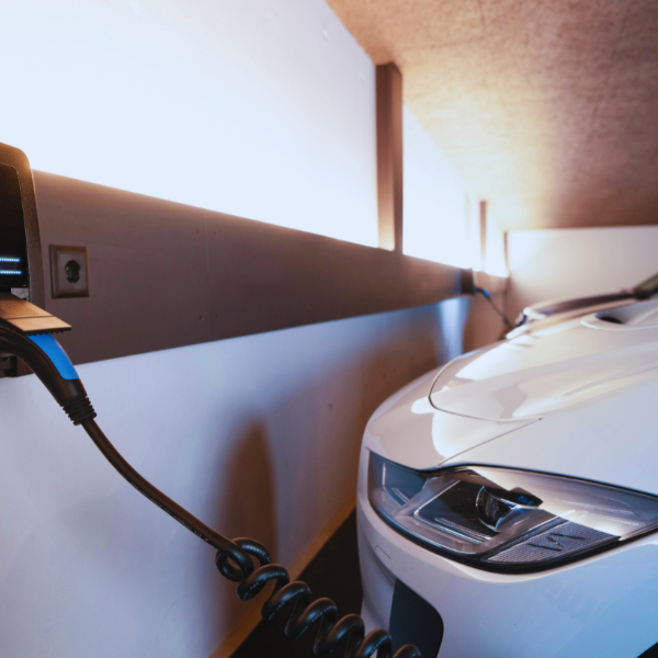 Coche eléctrico cargando en un punto de recarga de un garaje comunitario